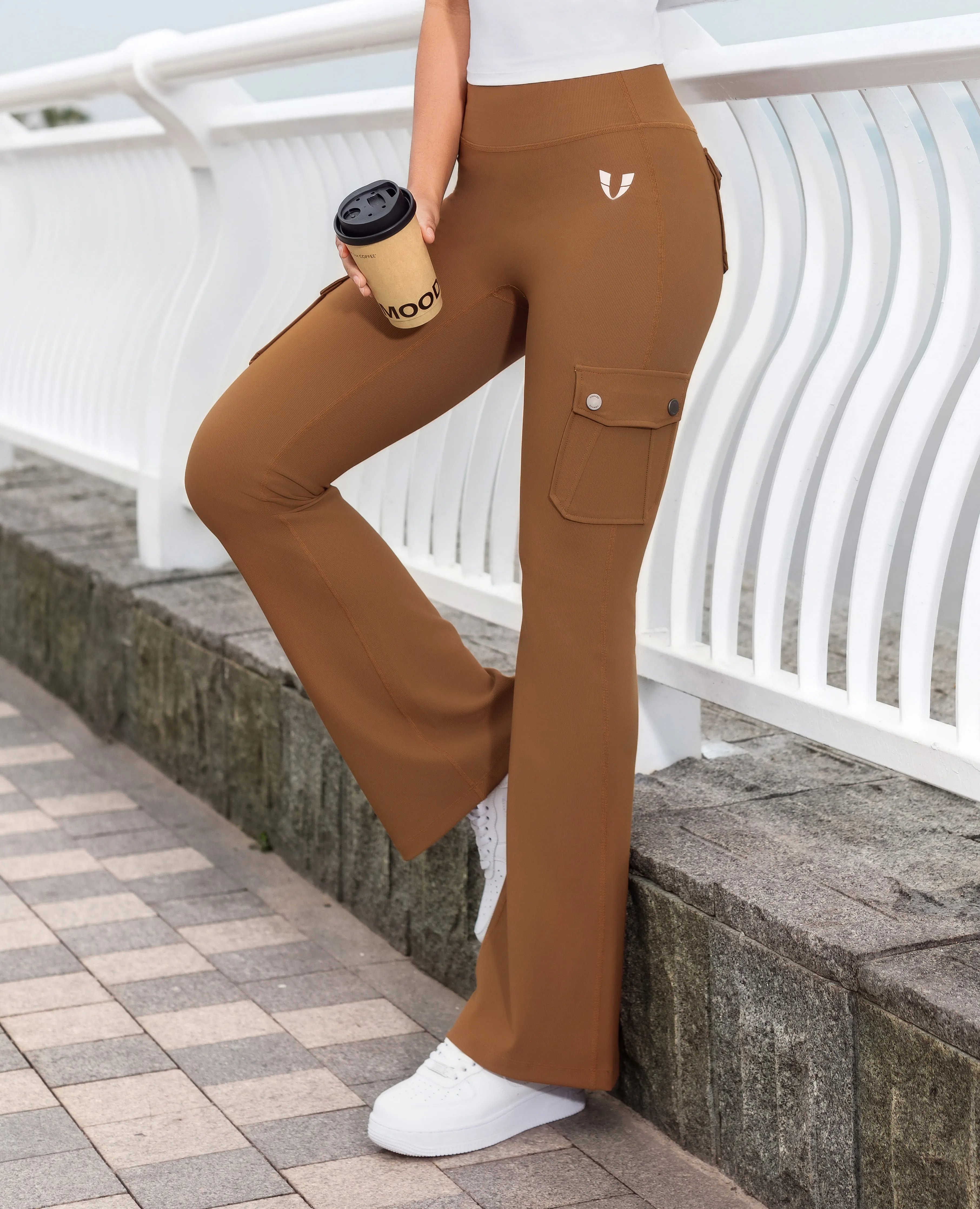 Athletic High Waisted Cargo Flare Leggings - Brown sold by Firm Abs product image thumbnail 2