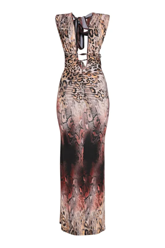 Multi Animal Printed Halter Maxi Dress sold by Bogomore