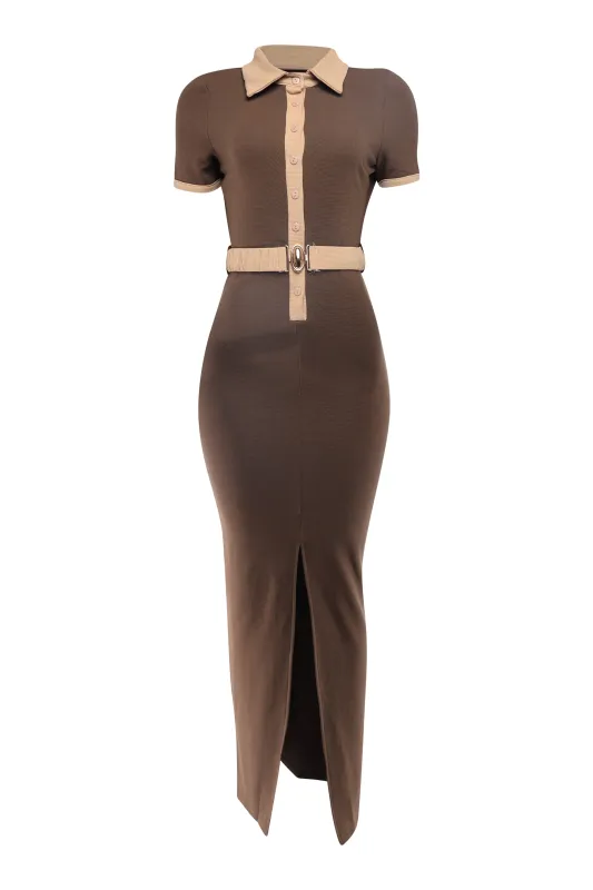 Collared Neck Button Down Maxi Dress with Front Slit sold by Bogomore