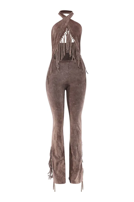 Mineral Washed Halter Fringe Jumpsuit sold by Bogomore