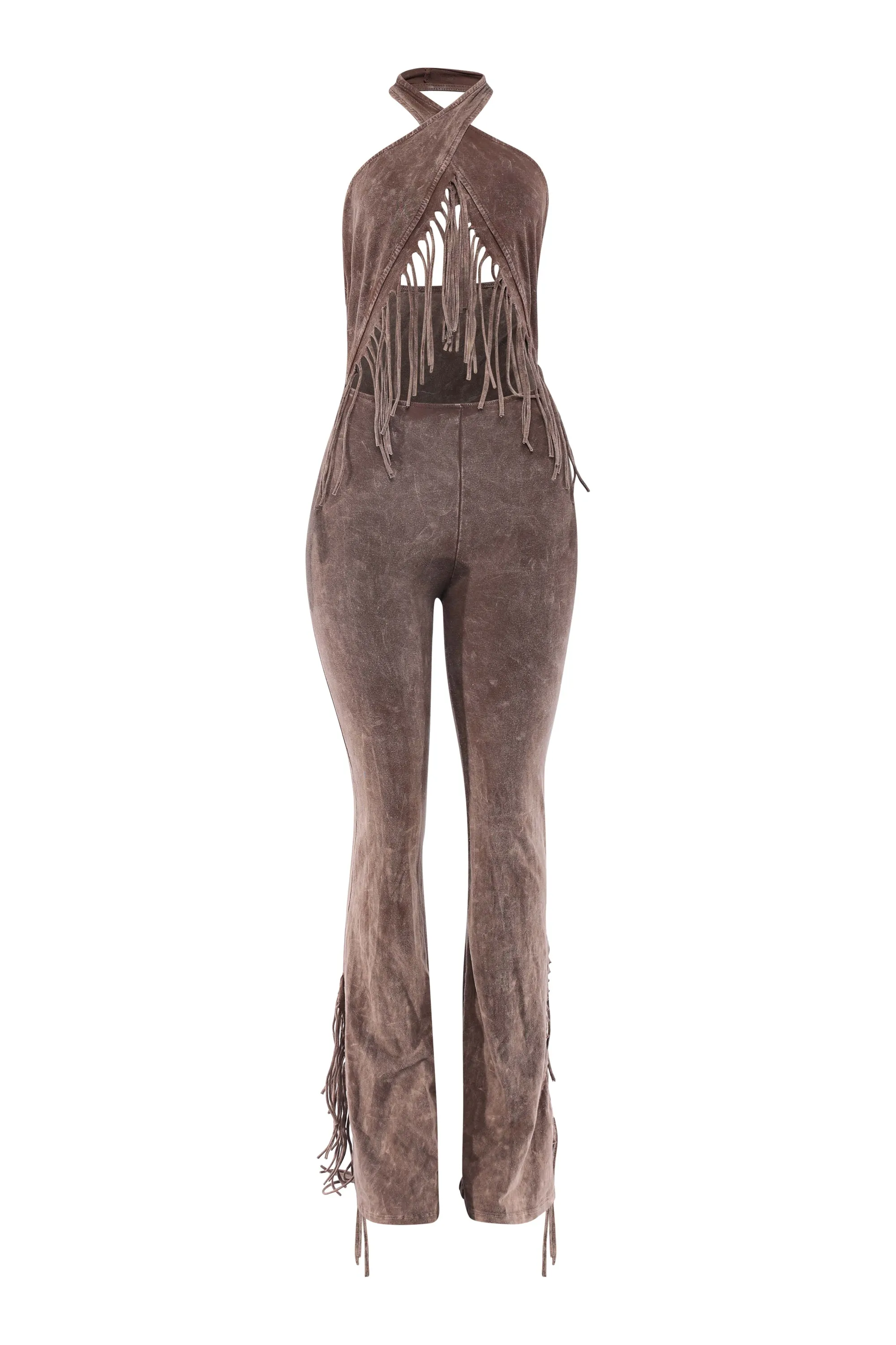 Mineral Washed Halter Fringe Jumpsuit sold by Bogomore