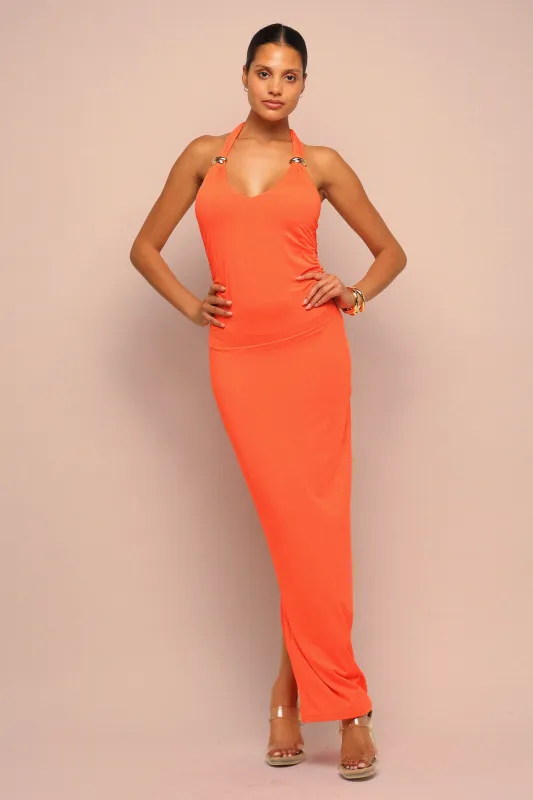 Heat Check Tied Halter Maxi Dress - Orange sold by Bogomore