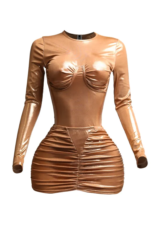 Liquid foiled bodysuit & mini skirt set sold by Bogomore