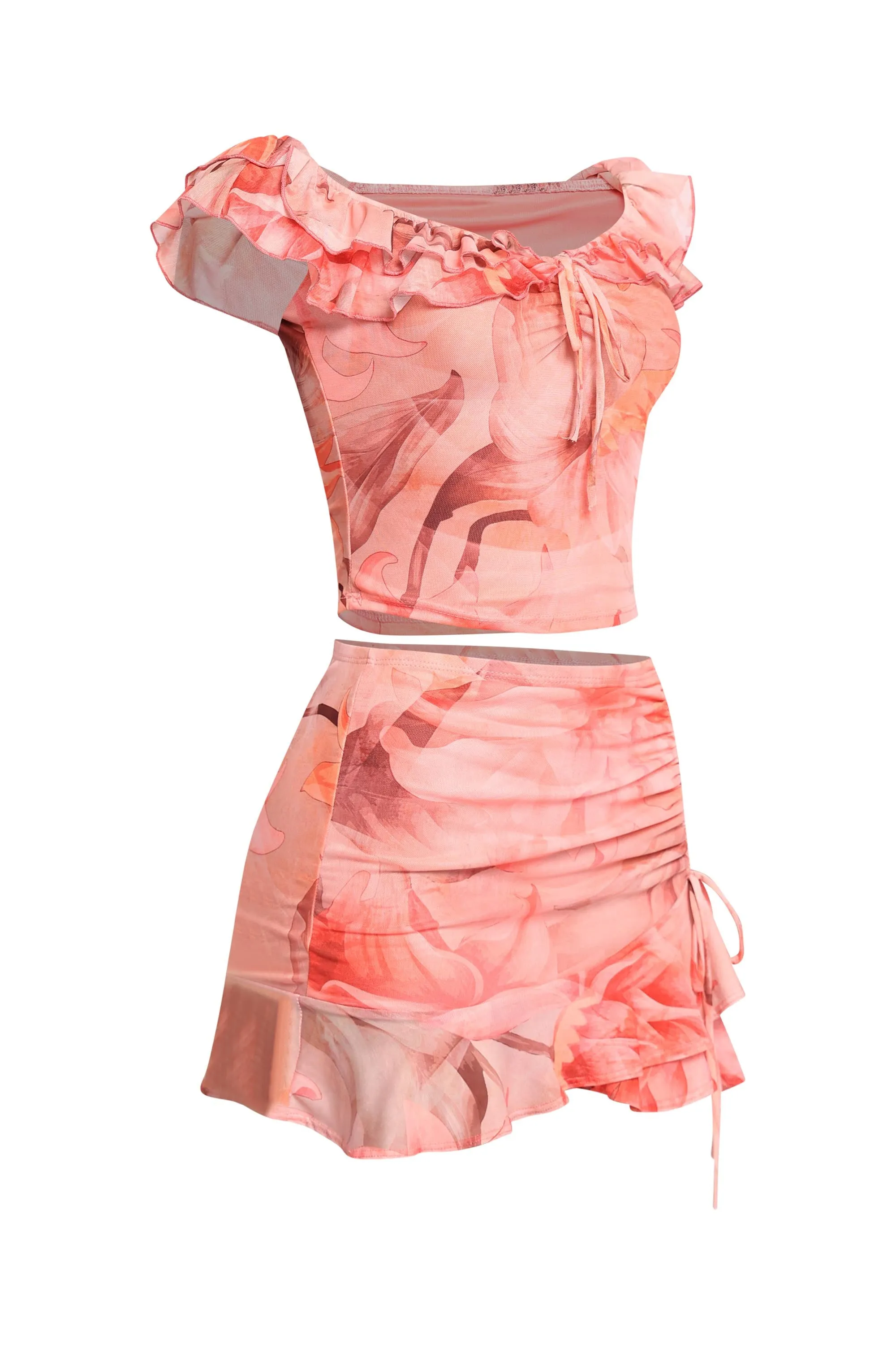 Mesh ruffled off shoulder top and mini skirt set sold by Bogomore product image thumbnail 2
