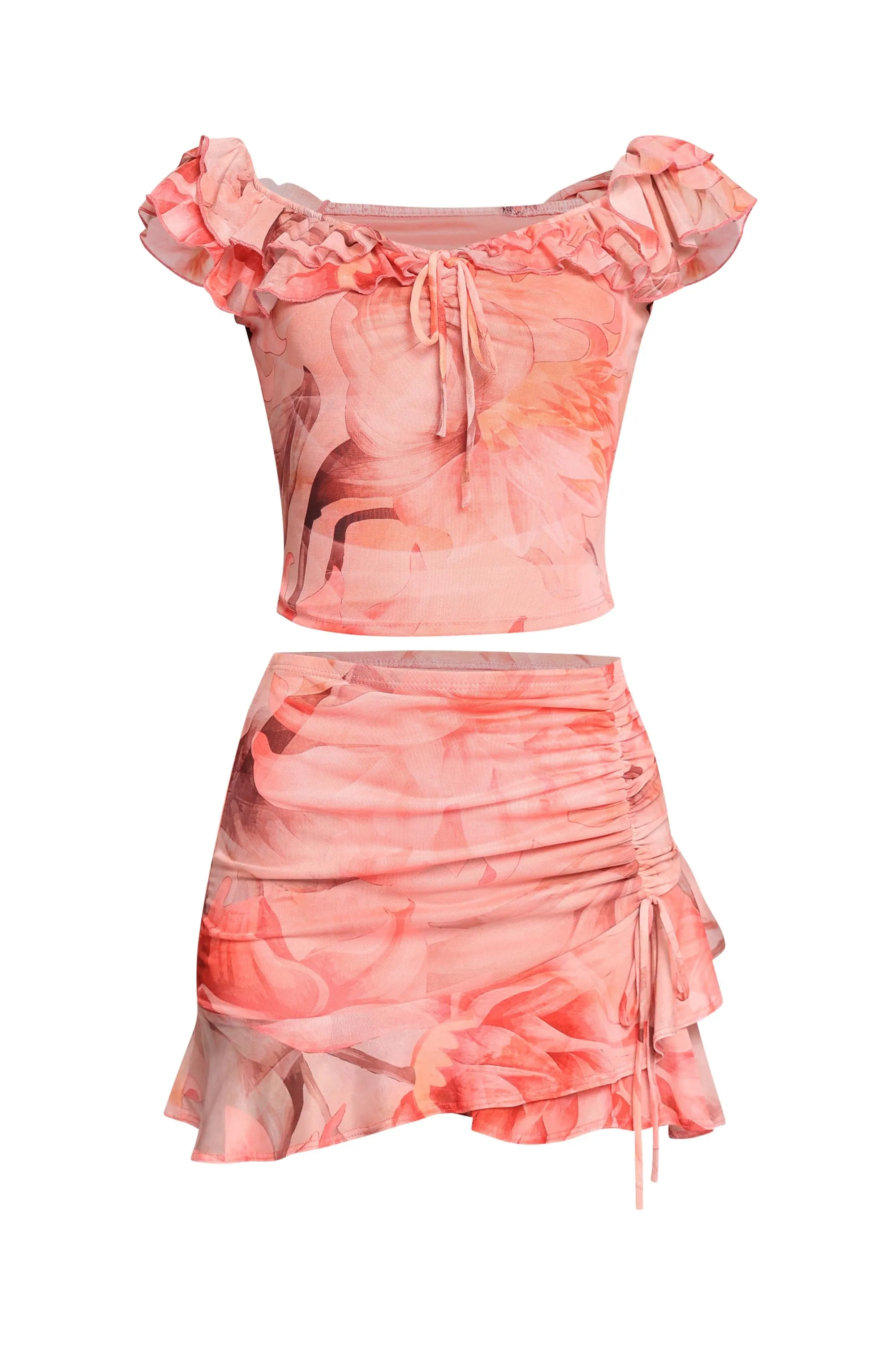 Mesh ruffled off shoulder top and mini skirt set sold by Bogomore