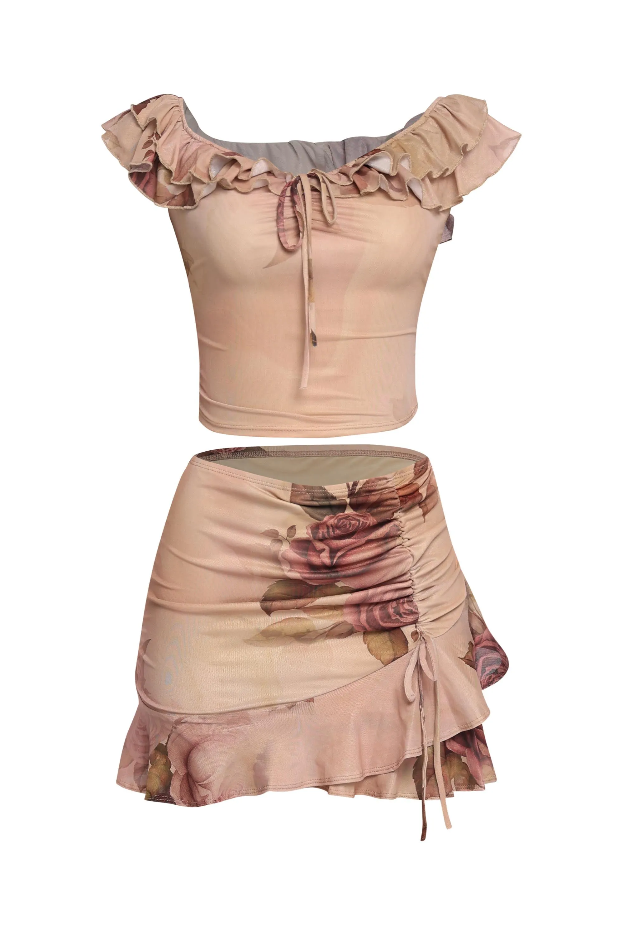 Mesh ruffled off shoulder top and mini skirt set sold by Bogomore product image thumbnail 5