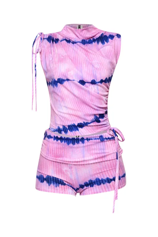 Tie dye printed ruched detailed short set. sold by Bogomore