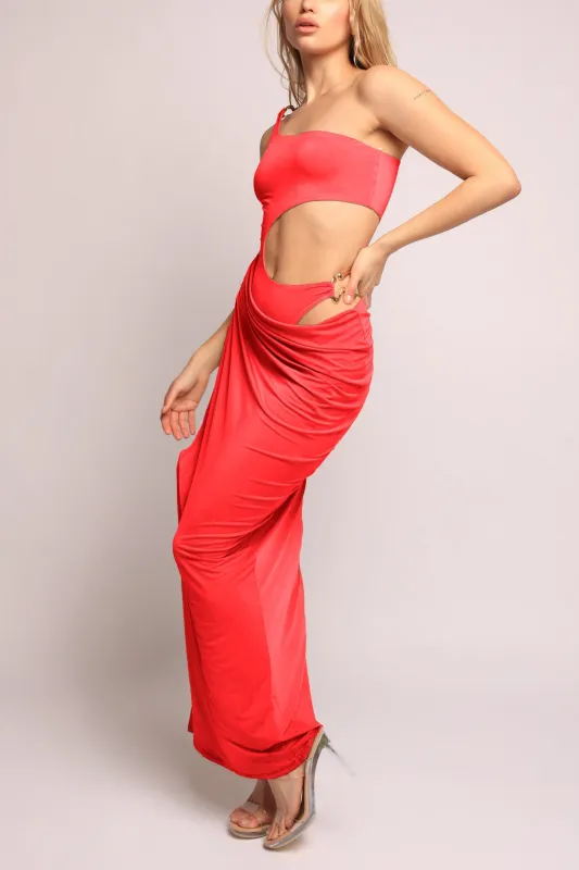 Asymmetric Cut-Out Maxi Dress with Draped Detail.. sold by Bogomore
