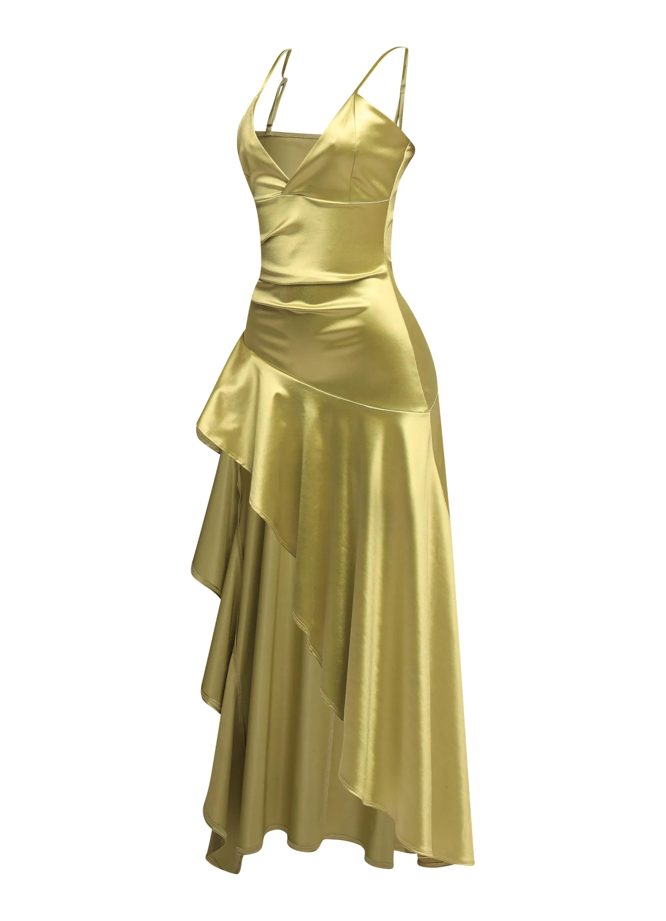 Late Checkout Asymmetrical Ruffle Satin Maxi Dress.... sold by Bogomore product image thumbnail 3
