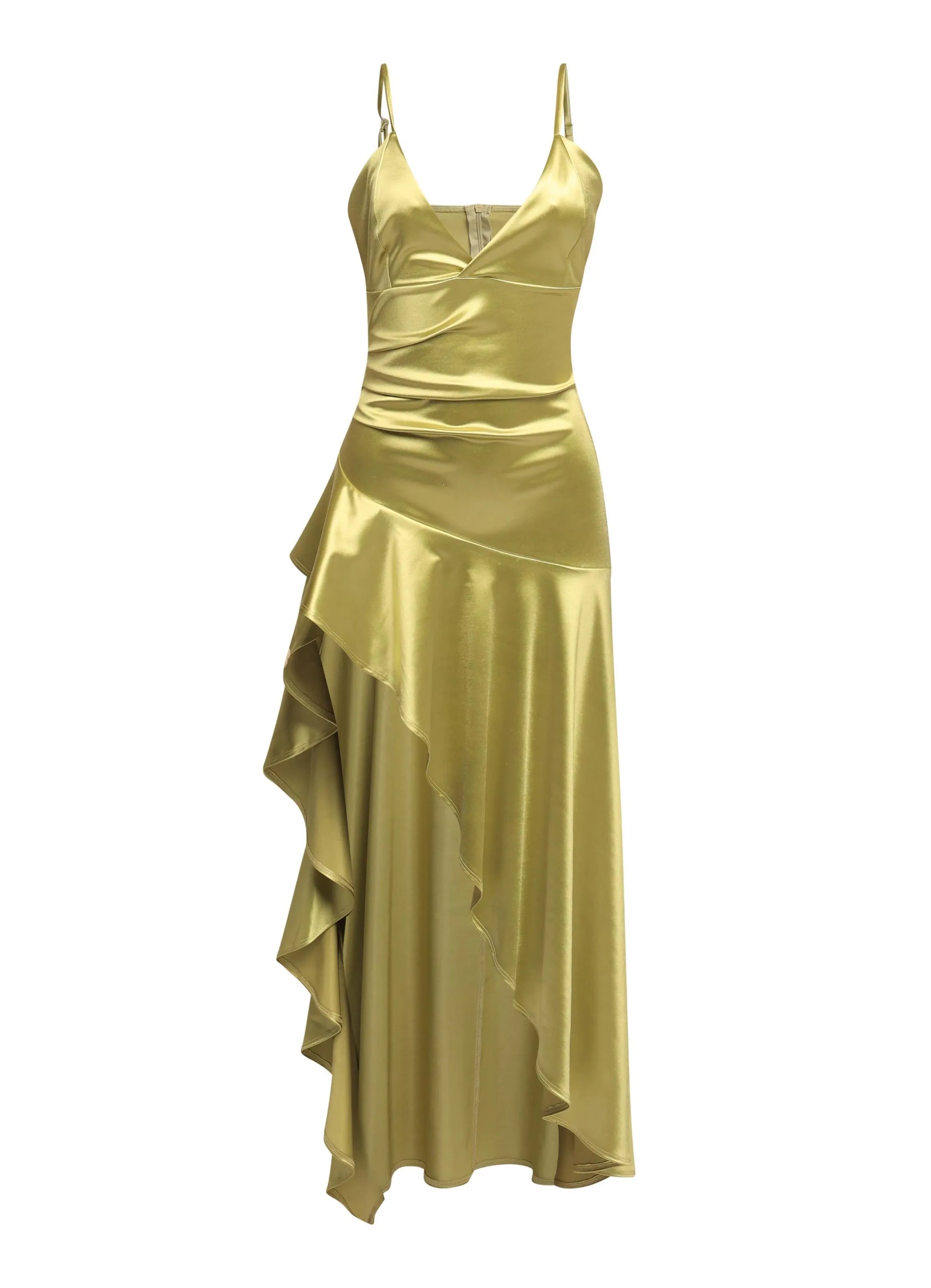 Late Checkout Asymmetrical Ruffle Satin Maxi Dress.... sold by Bogomore product image thumbnail 4