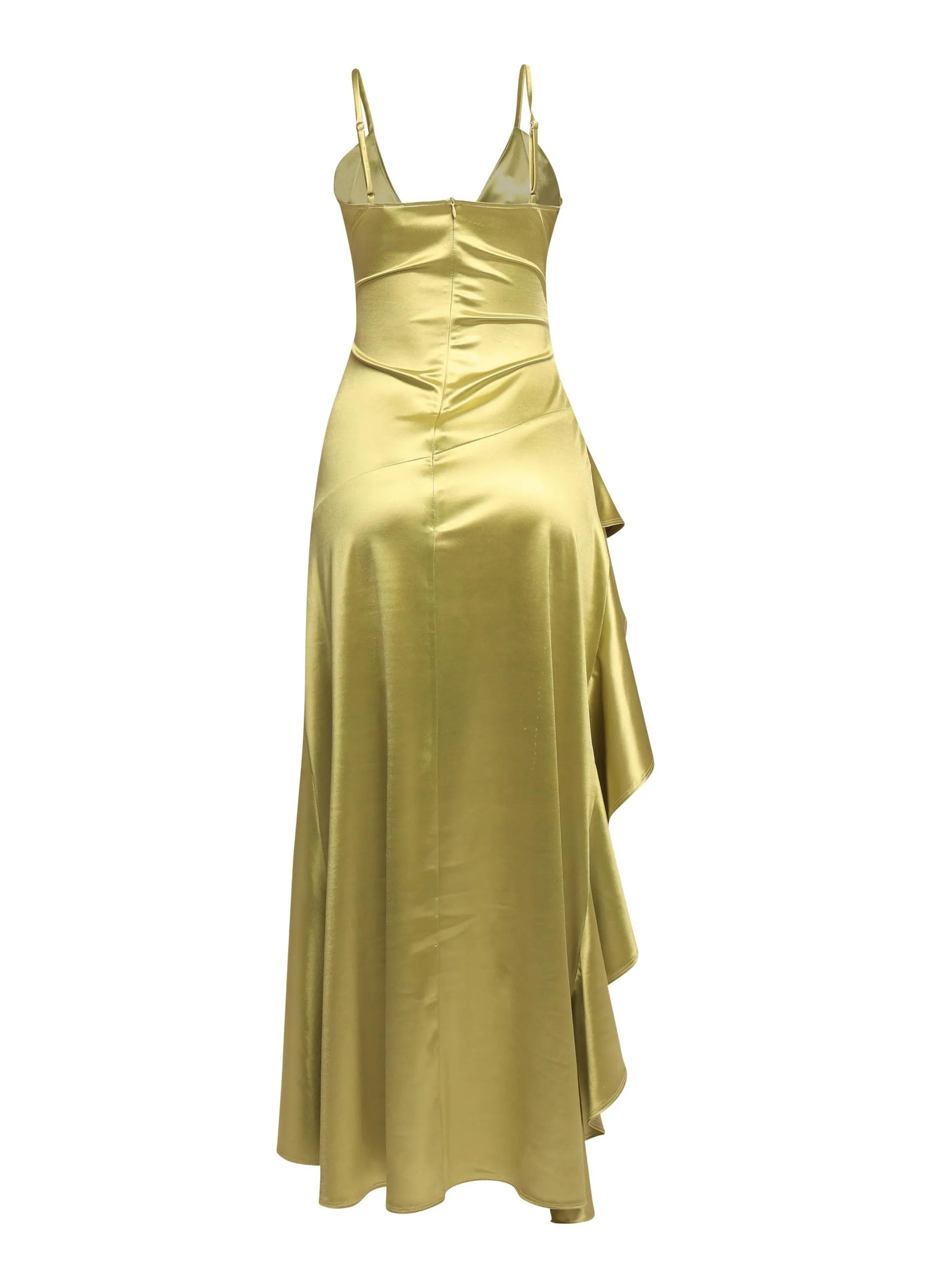 Late Checkout Asymmetrical Ruffle Satin Maxi Dress.... sold by Bogomore product image thumbnail 5