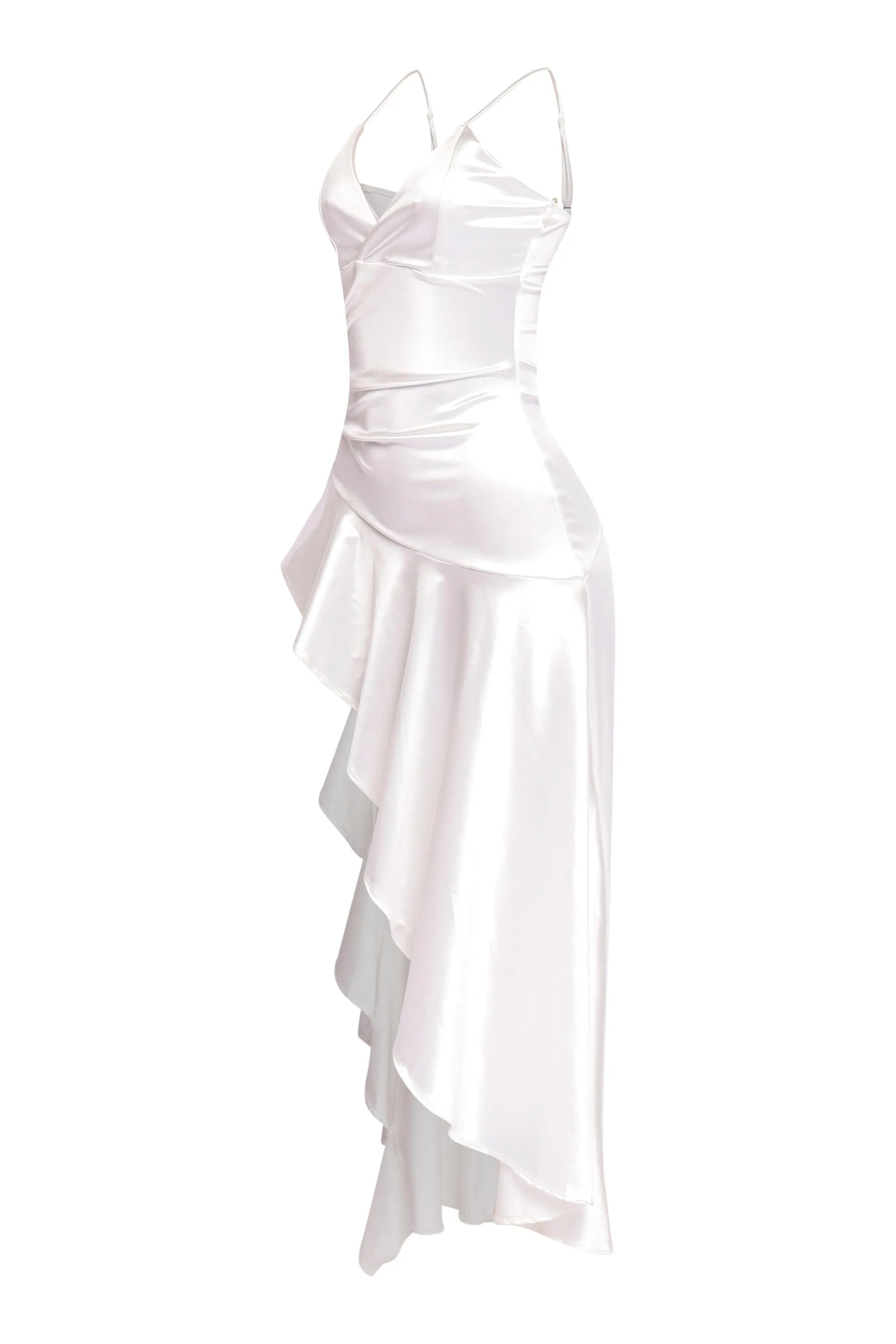 Late Checkout Asymmetrical Ruffle Satin Maxi Dress. sold by Bogomore product image thumbnail 5