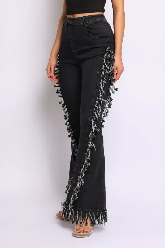 Distressed fringe denim flared pant. sold by Bogomore