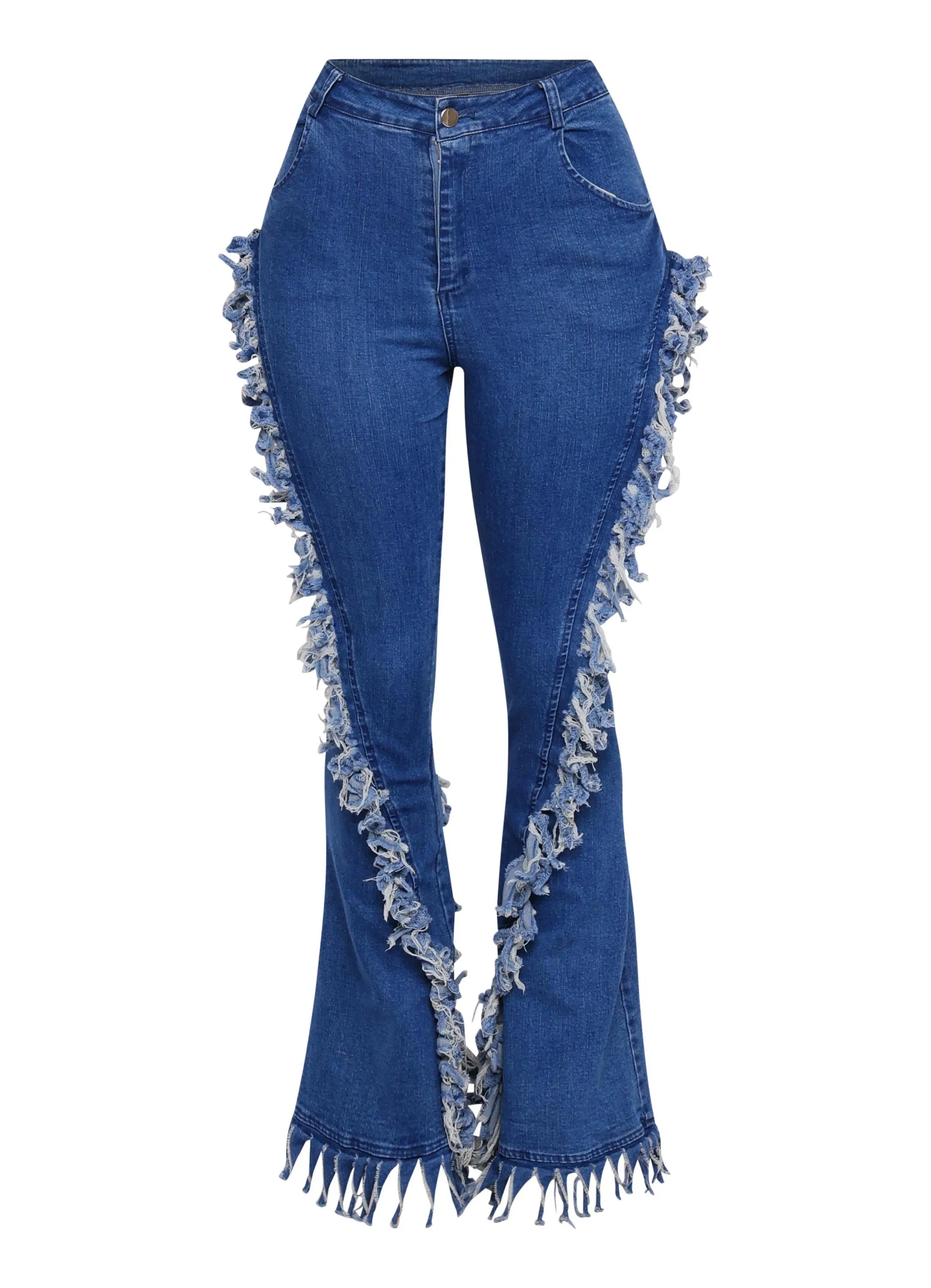 Distressed fringe denim flared pant sold by Bogomore product image thumbnail 5