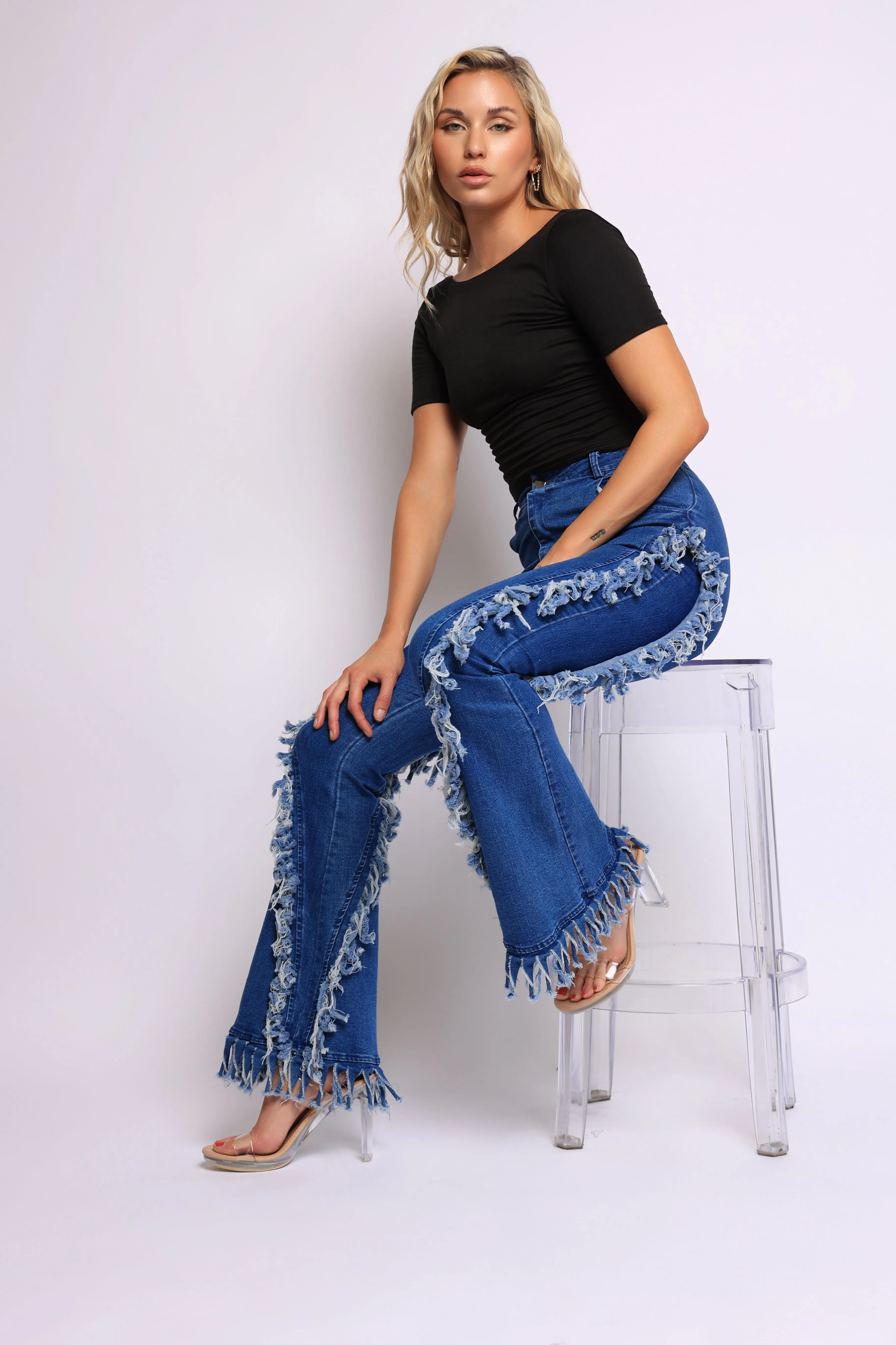 Distressed fringe denim flared pant sold by Bogomore product image thumbnail 2