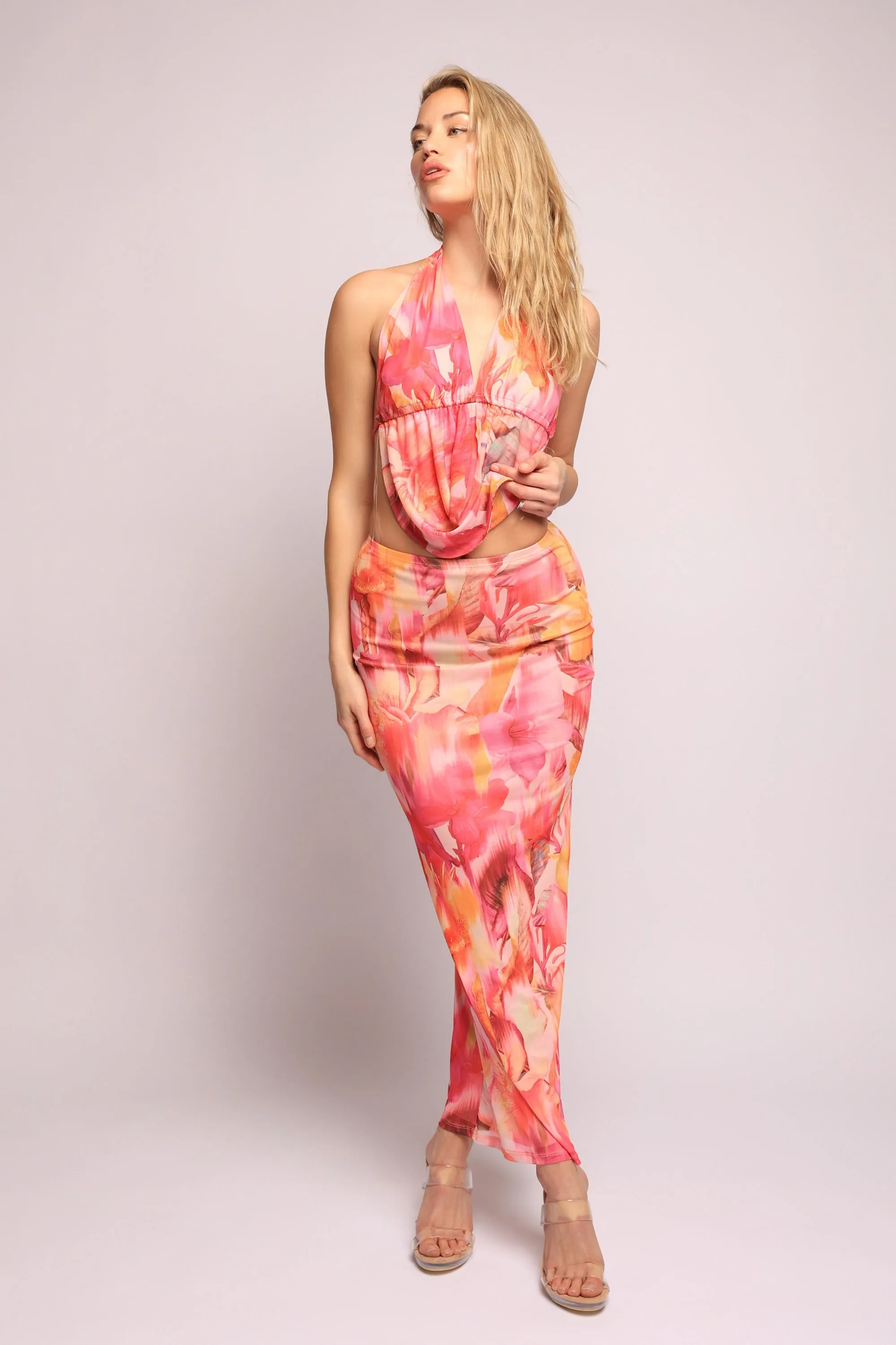 Tropical flower mesh halter top and skirt set sold by Bogomore product image thumbnail 2