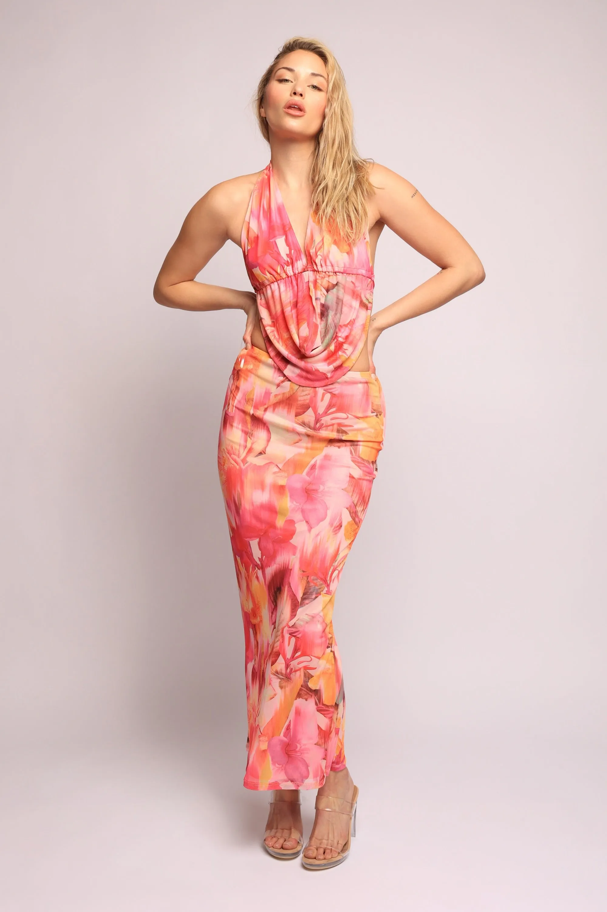 Tropical flower mesh halter top and skirt set sold by Bogomore