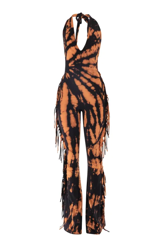 Fringe Frequency Tie Dye Halter Jumpsuit sold by Bogomore