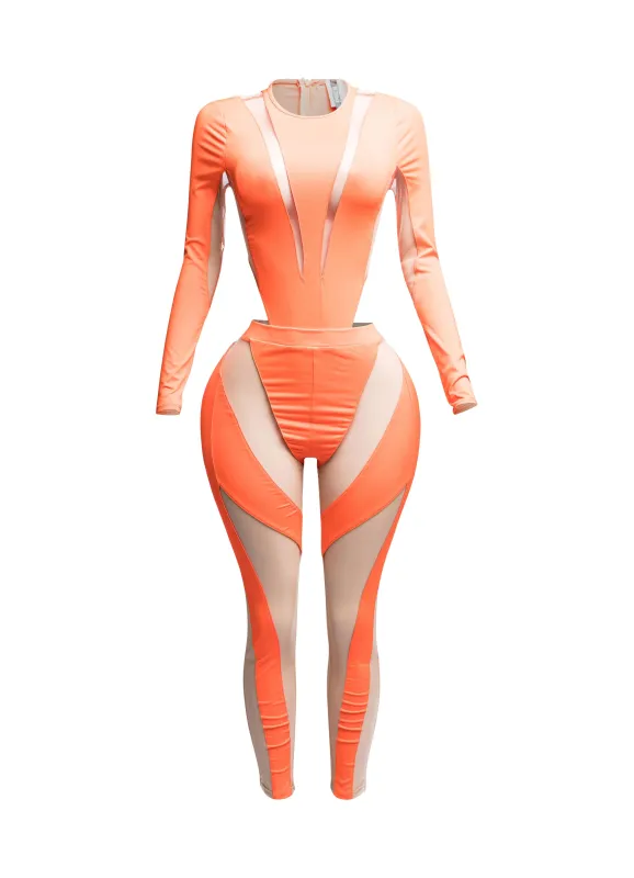 Mesh contrast bodysuit and leggings set sold by Bogomore