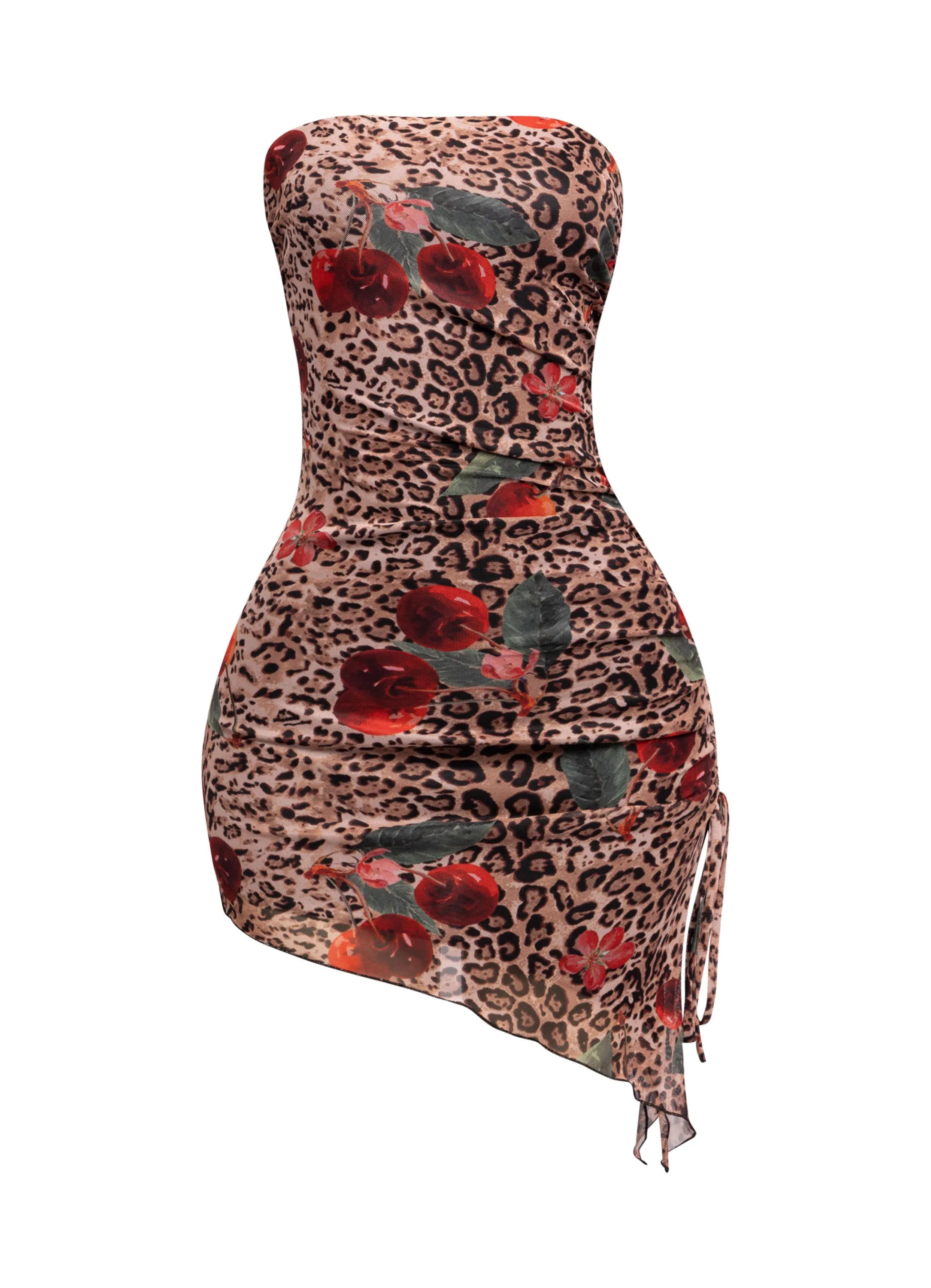 Printed mesh asymmetrical hem tube dress sold by Bogomore
