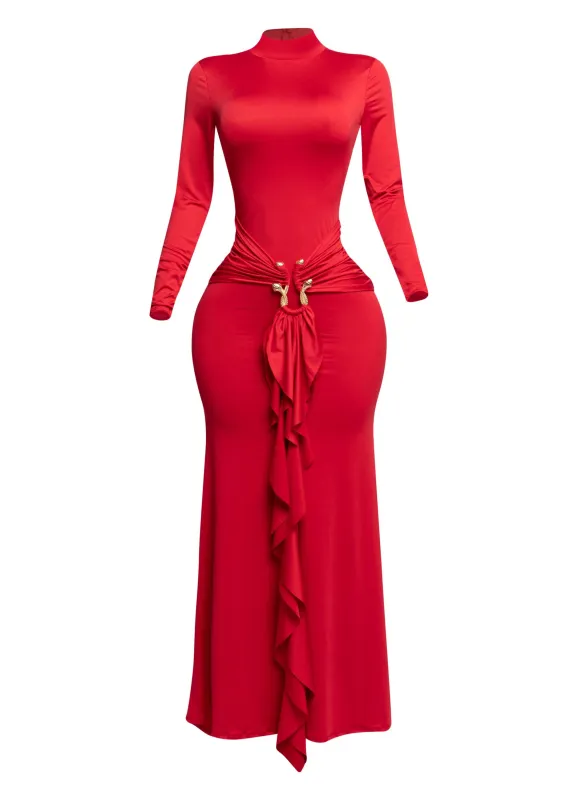 Trimmed ruffle down long sleeve maxi dress sold by Bogomore