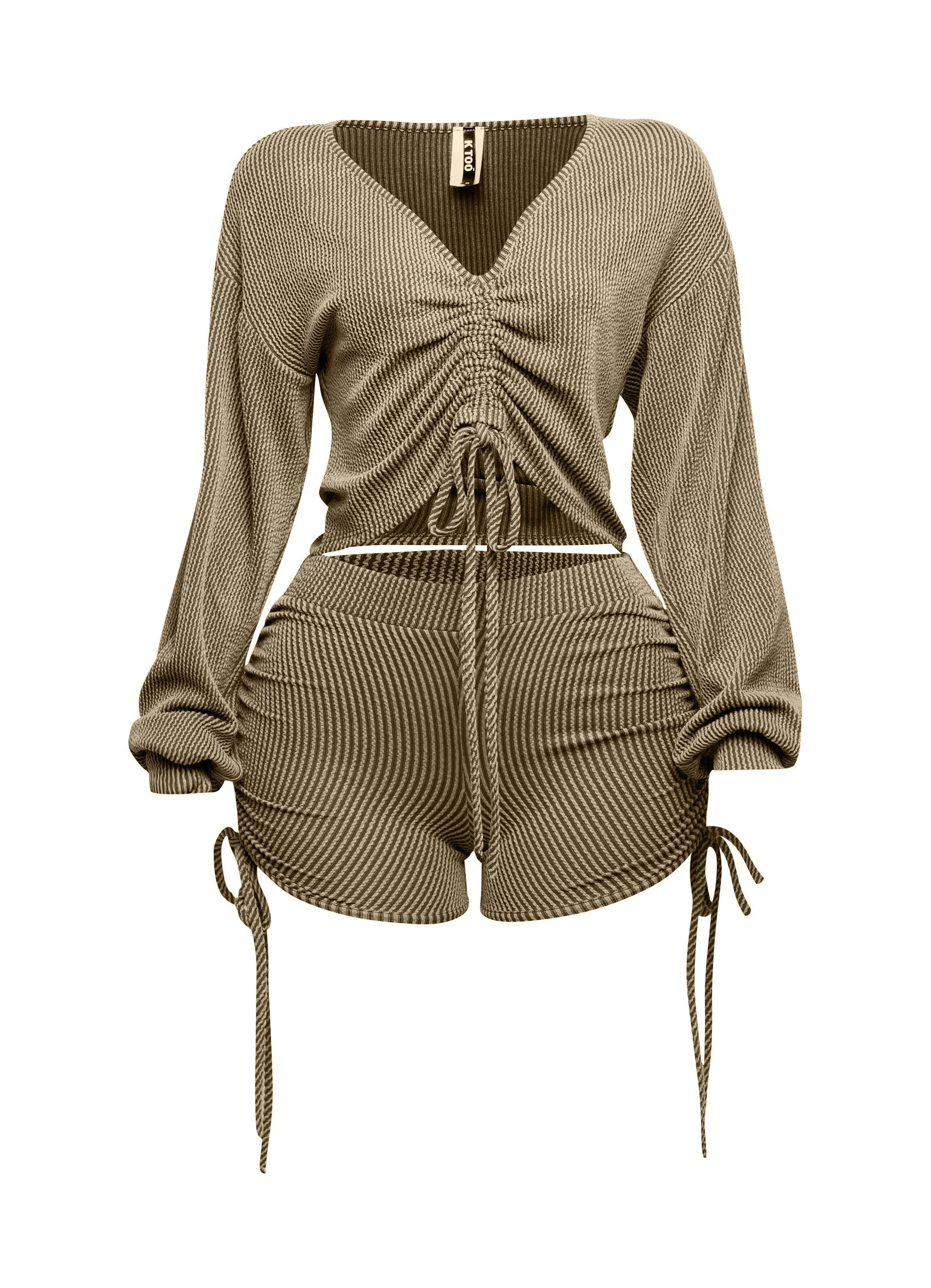 Ruched drawstring long sleeve crop top & shorts set sold by Bogomore product image thumbnail 3