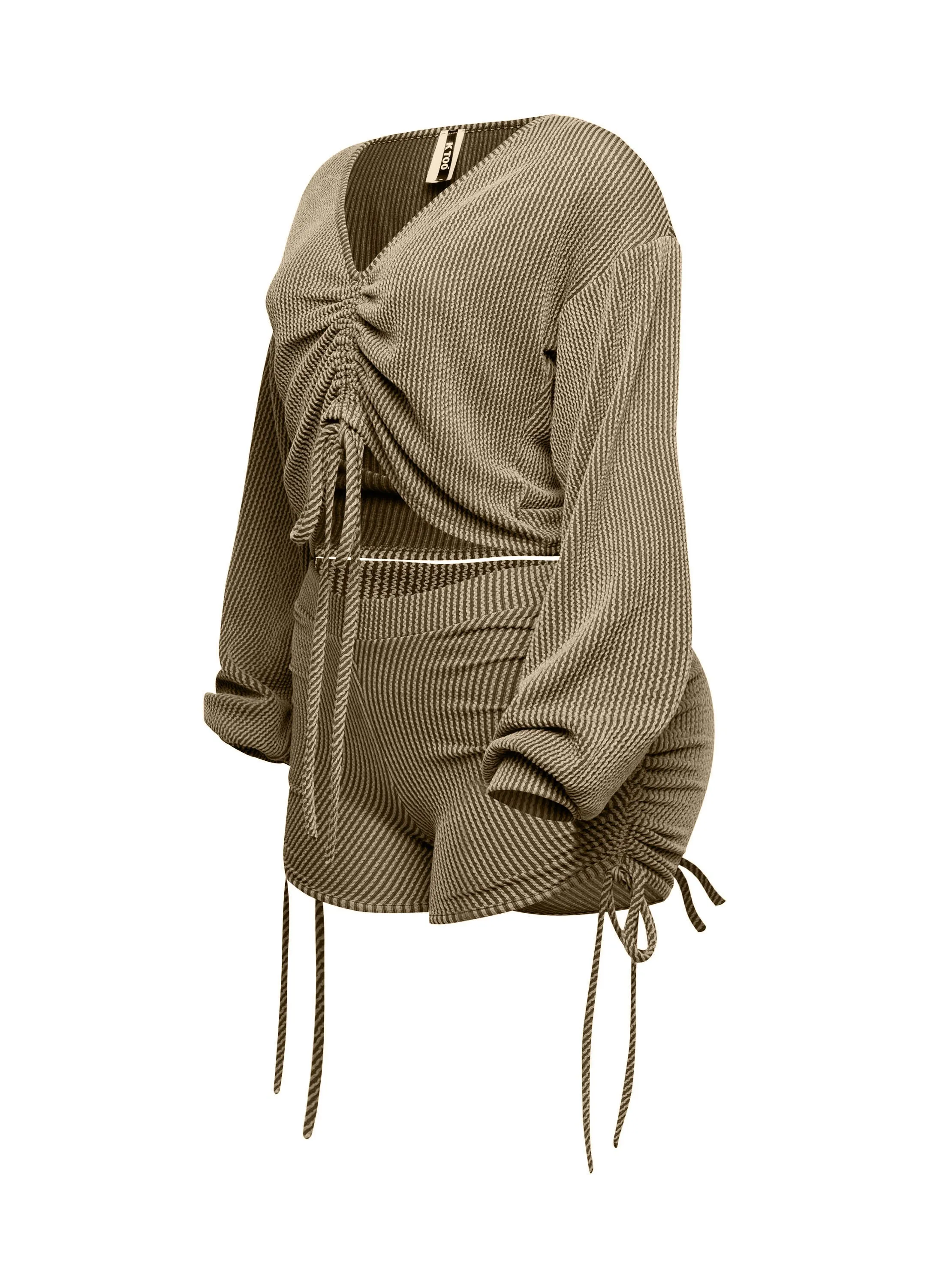 Ruched drawstring long sleeve crop top & shorts set sold by Bogomore product image thumbnail 4