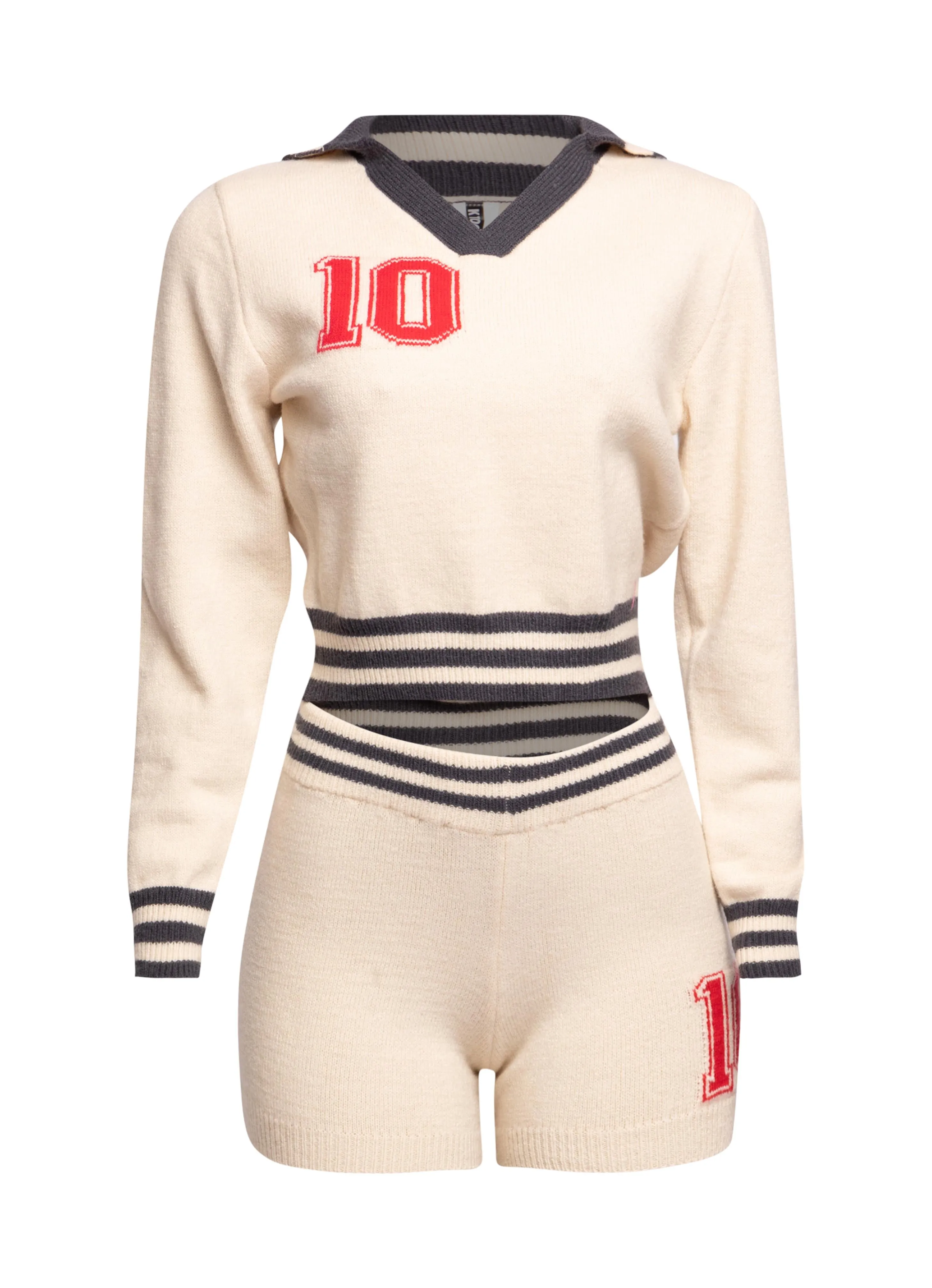 Vintage-Inspired Knit Two-Piece Set with Varsity Details sold by Bogomore