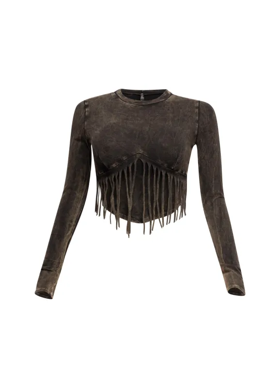 Mineral washed fringe front detailed long sleeve top sold by Bogomore