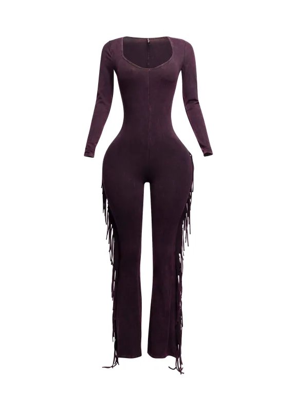 Mineral washed fringed jumpsuit sold by Bogomore