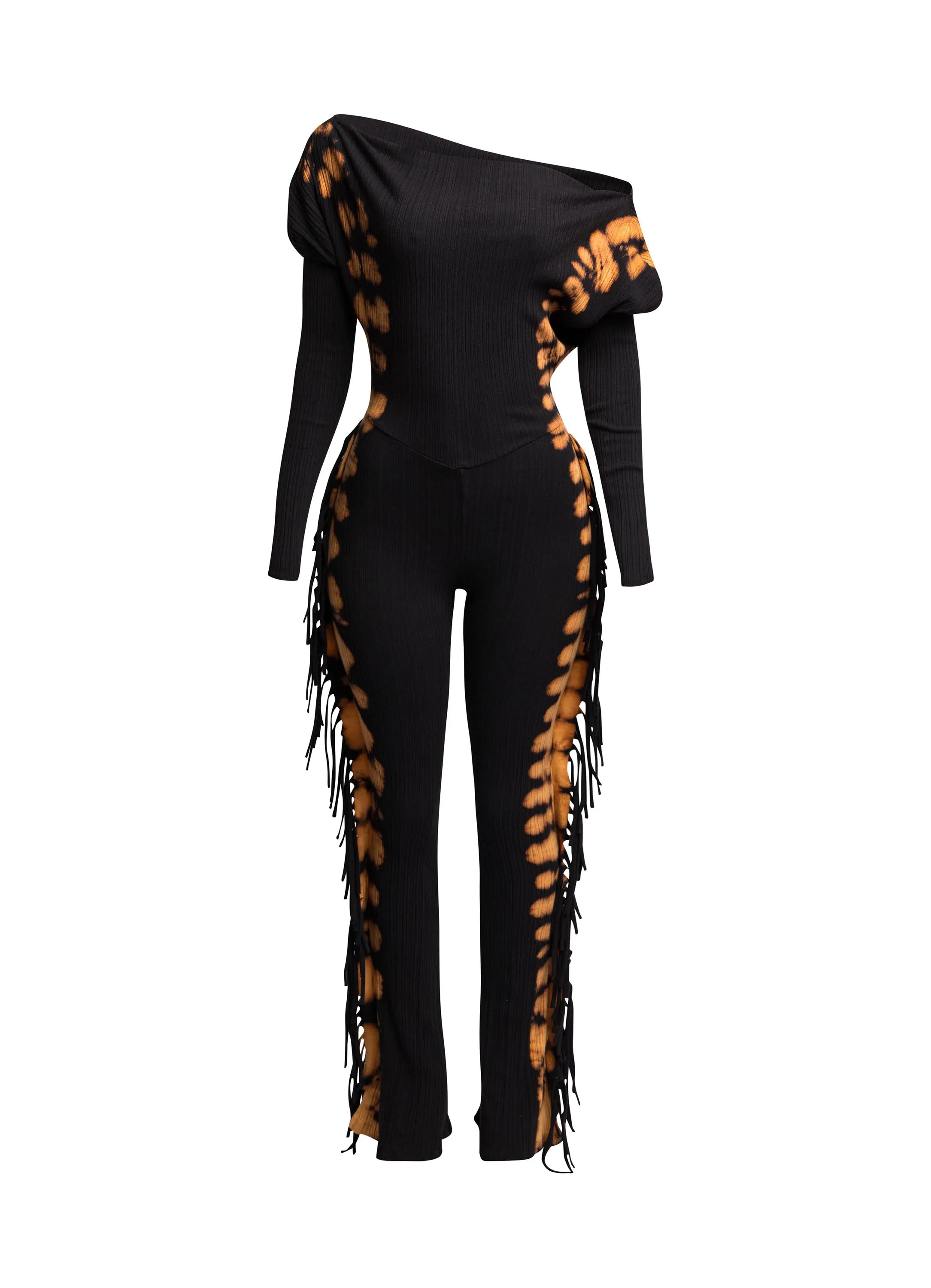 Bleached two tone colorway side fringe jumpsuit sold by Bogomore