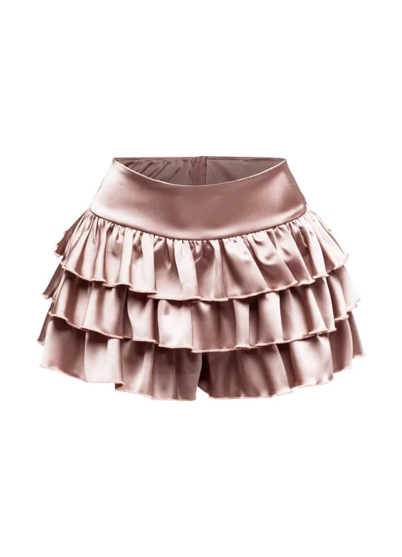Satin ruffled shorts sold by Bogomore
