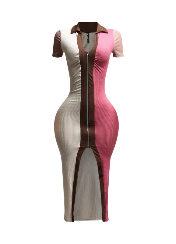 Color blocked zipper closure midi dress sold by Bogomore
