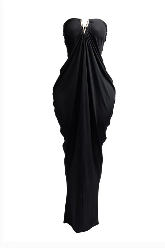 V shape trim detailed draping body strapless maxi dress sold by Bogomore