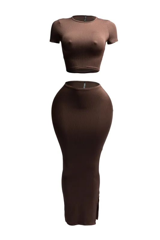 Short sleeve crop top & long skirt set sold by Bogomore