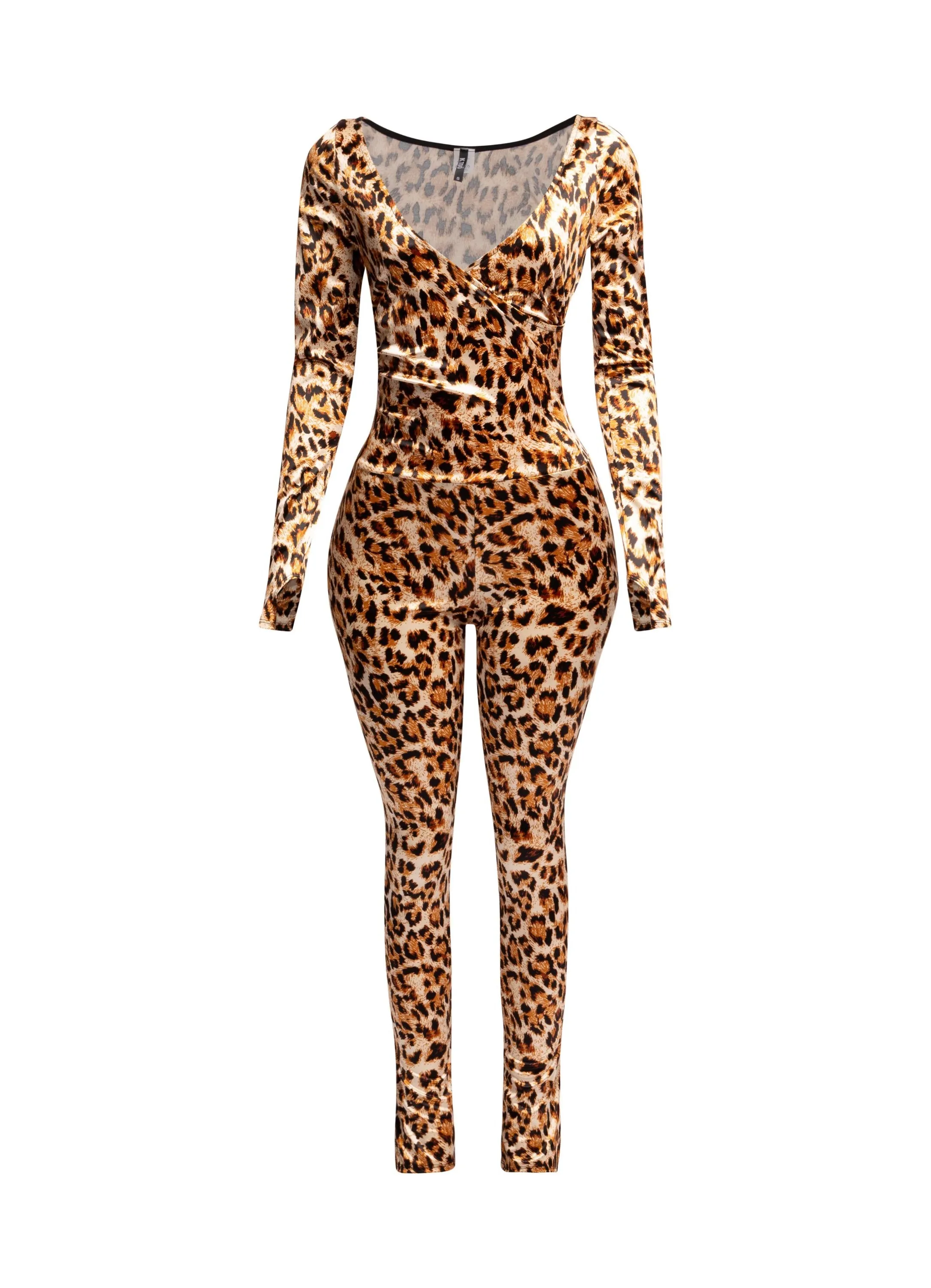 Leopard deep V neck long sleeve jumpsuit sold by Bogomore