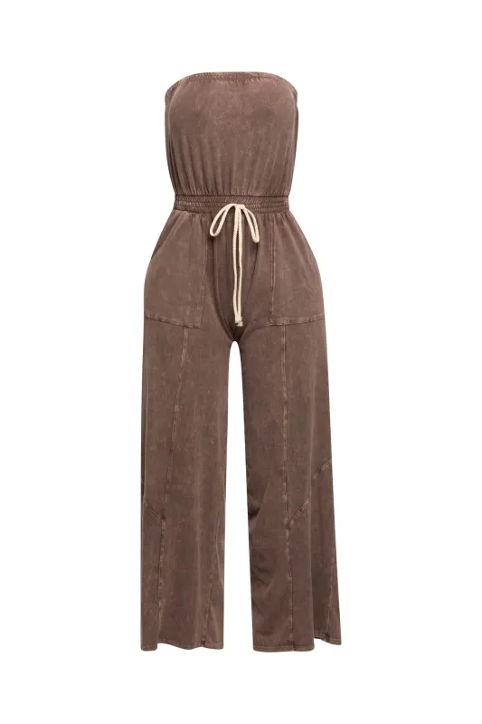 Mineral washed strapless wide leg jumpsuit sold by Bogomore