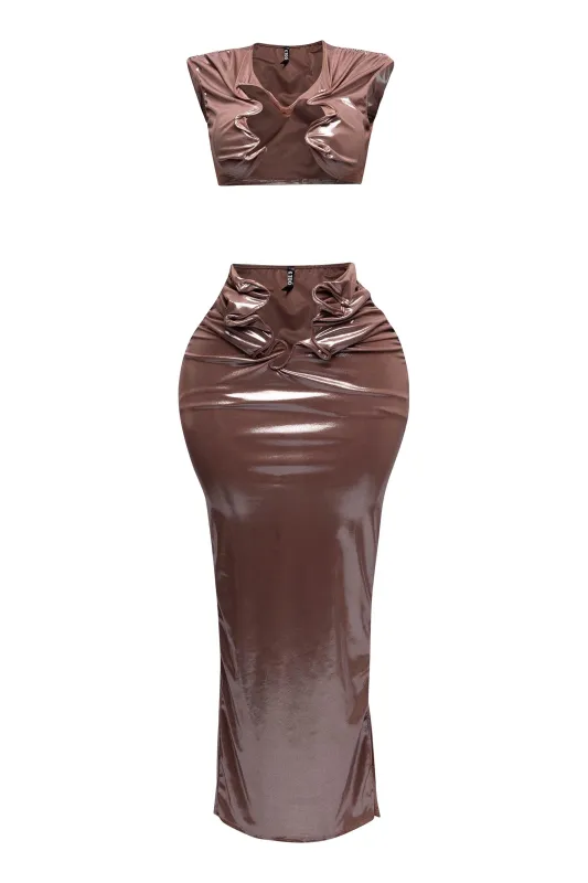 Flex wire cutout foiled tank maxi skirt set sold by Bogomore