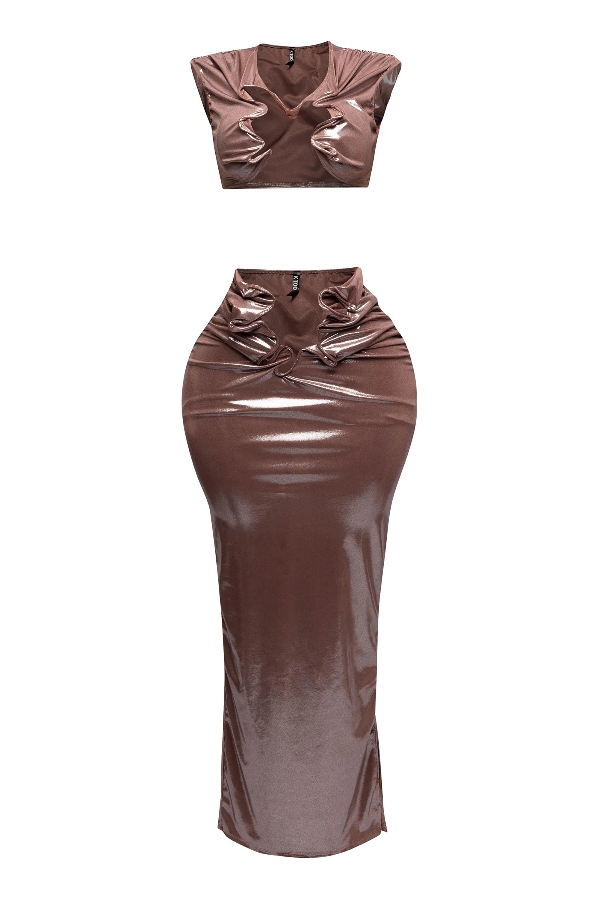 Flex wire cutout foiled tank maxi skirt set sold by Bogomore