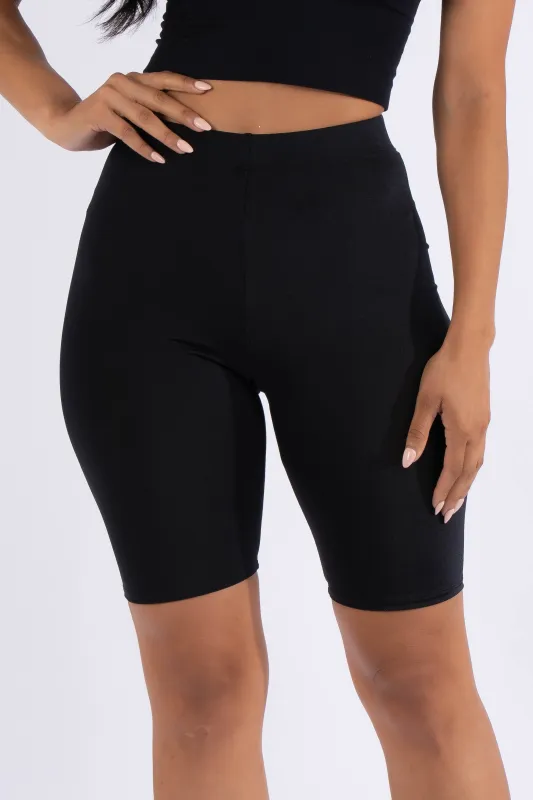 Highwaisted shiny nylon biker shorts in plus size sold by Bogomore