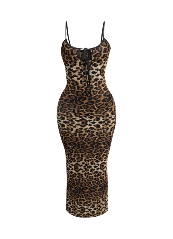 Leopard mesh dress with tie front sold by Bogomore