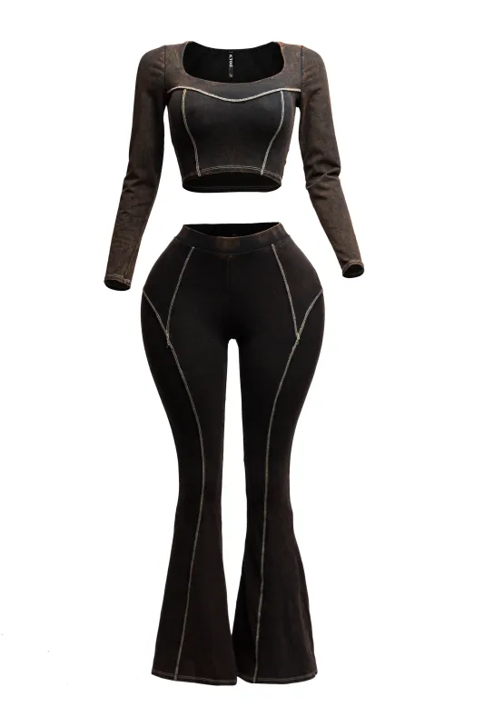 Mineral washed long sleeve crop top & bell bottom pants set sold by Bogomore