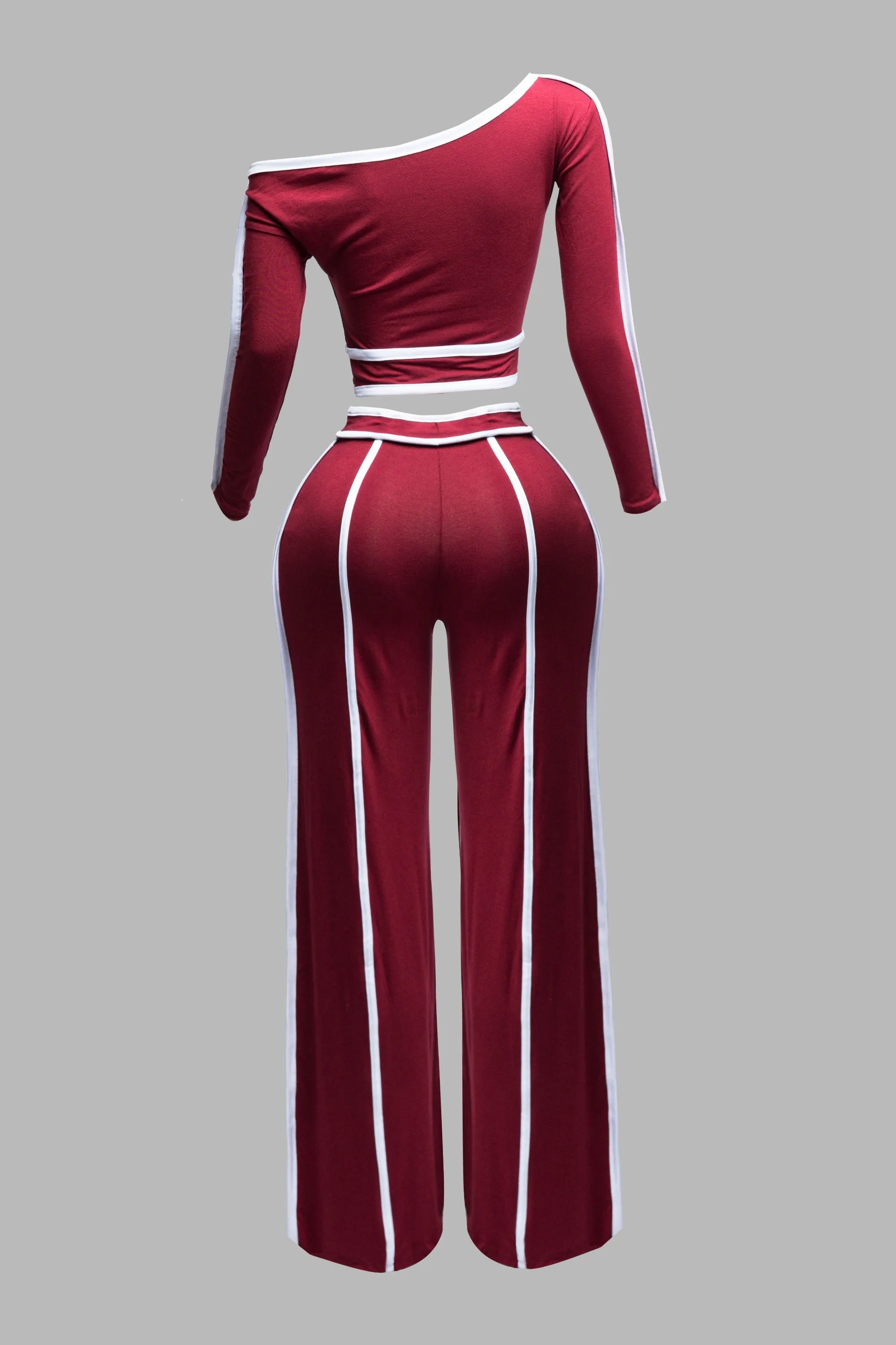 Color contrast detailed off shoulder long sleeve top with wide leg pants sold by Bogomore product image thumbnail 4
