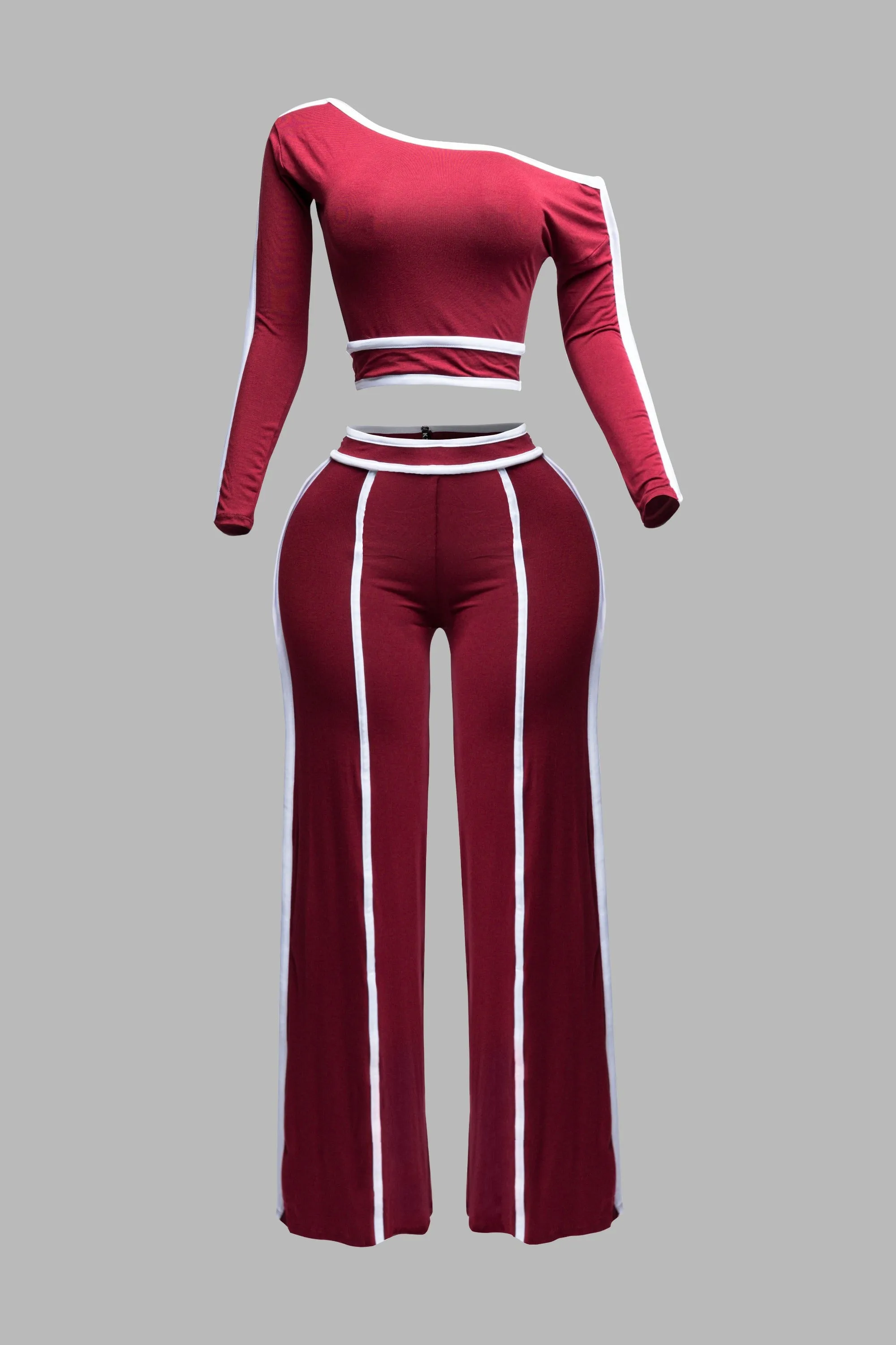 Color contrast detailed off shoulder long sleeve top with wide leg pants sold by Bogomore product image thumbnail 3