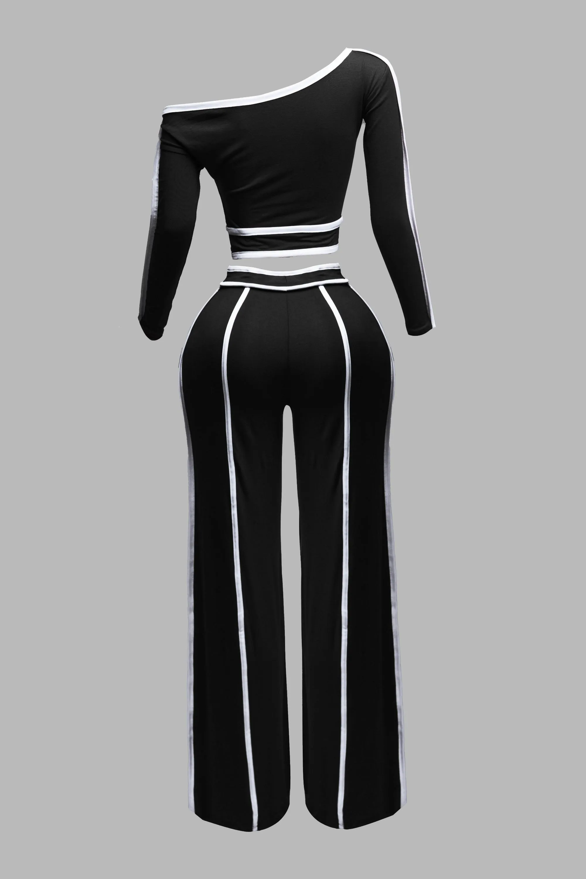 Color contrast detailed off shoulder long sleeve top with wide leg pants sold by Bogomore product image thumbnail 2