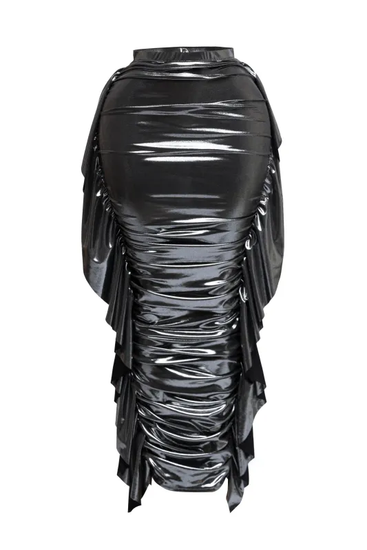 Side ruffle ruched maxi skirt sold by Bogomore