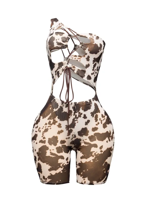 Printed mesh lace up romper sold by Bogomore