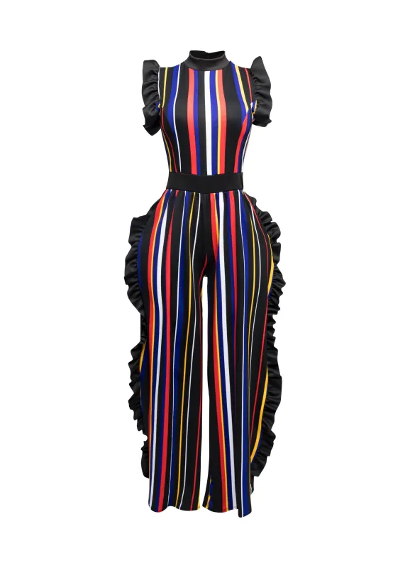Color Striped Jumpsuit with ruffle sold by Bogomore