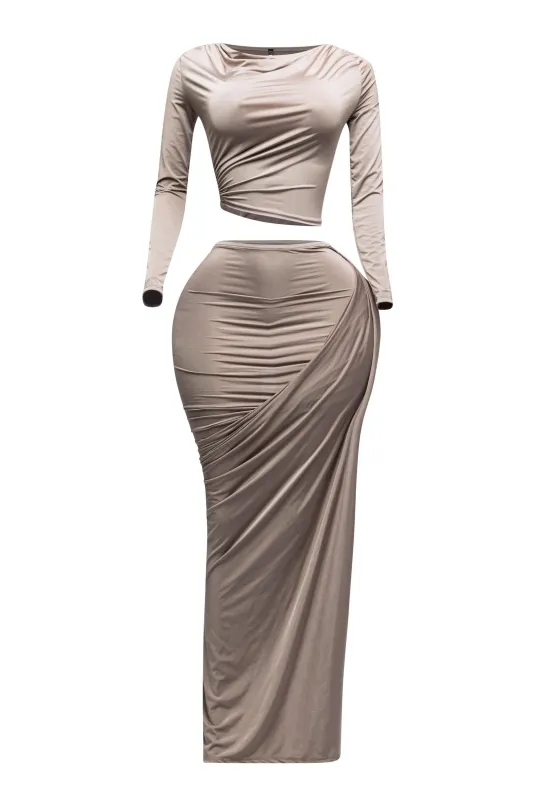 Twisted & slit maxi skirt & long sleeve top top sold by Bogomore