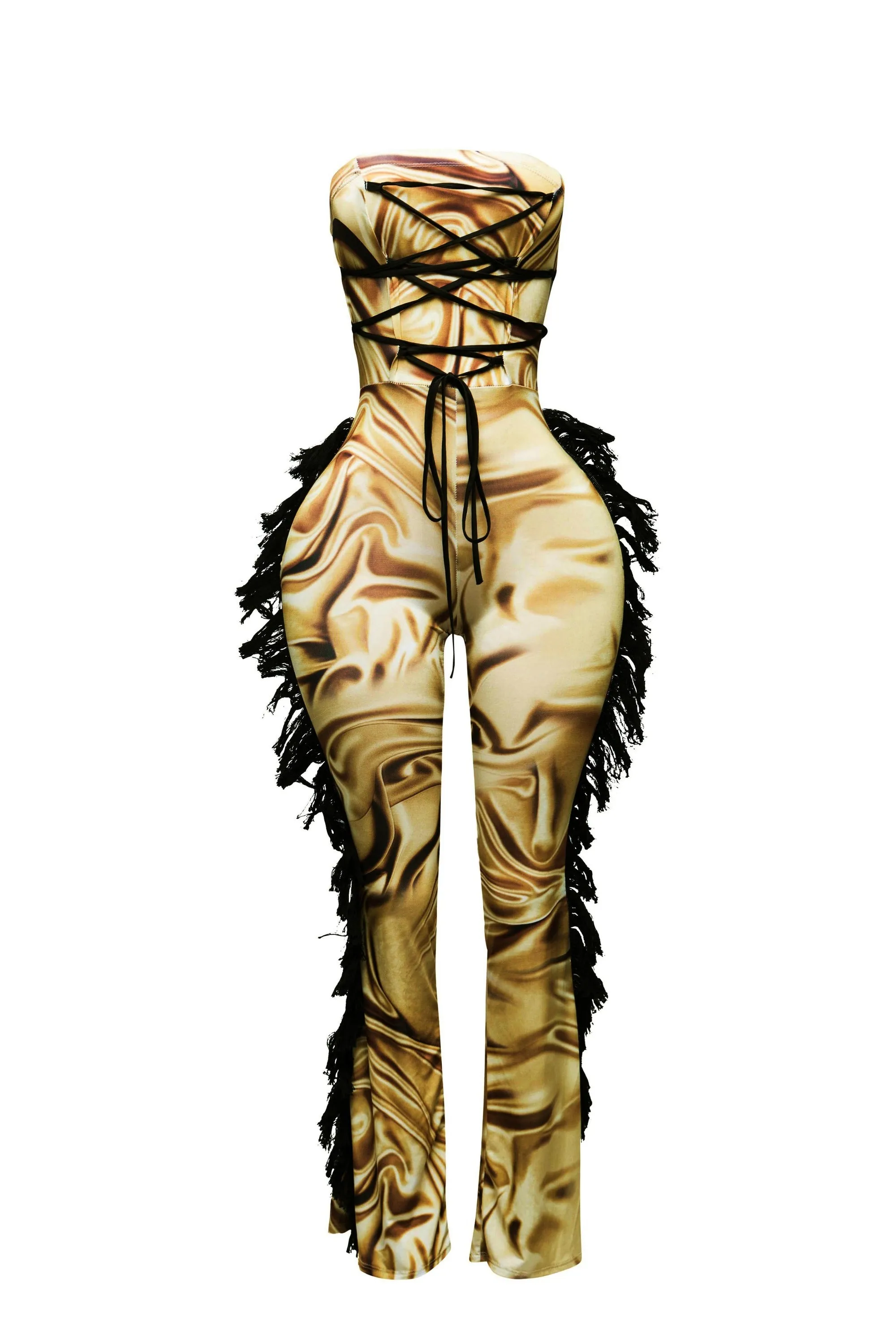 Strapless fringe jumpsuit w corset style front sold by Bogomore